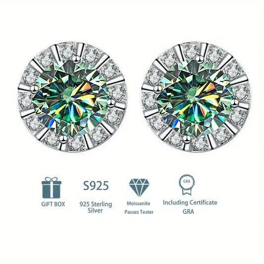 Green Moissanite 925 Silver Halo Earrings (1 Carat)