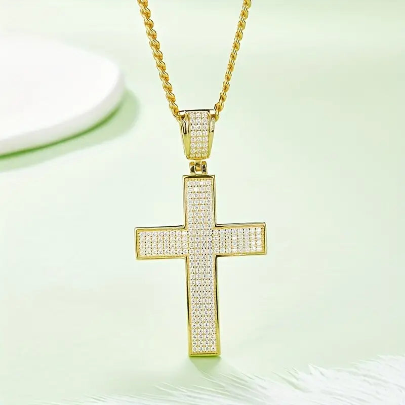 925 Silver Large Iced Cross Pendant 2CT Moissanite (Gold Plating Available)