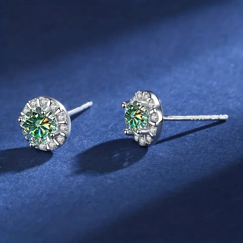 Green Moissanite 925 Silver Halo Earrings (1 Carat)