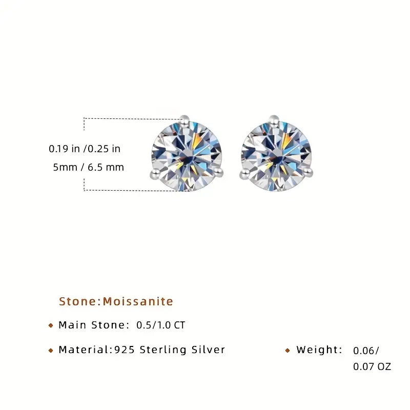 3 Prong Moissanite Stud Earrings (1 Carat)