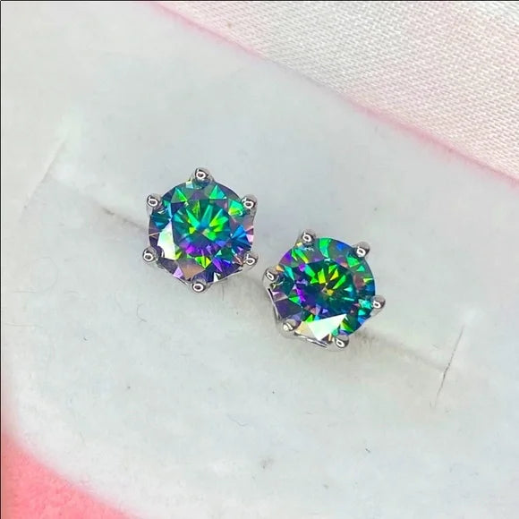 Rainbow Opal Moissanite Six Prong Stud Earrings (2 Carat)