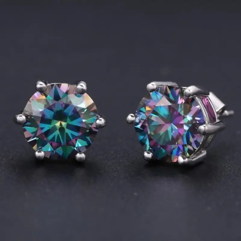 Rainbow Opal Moissanite Six Prong Stud Earrings (2 Carat)