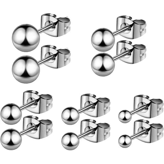 Stainless Steel Round Ball Stud Earrings (Full Size 6 Earring Set)