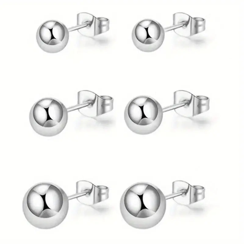 Stainless Steel Round Ball Stud Earrings (Full Size 6 Earring Set)